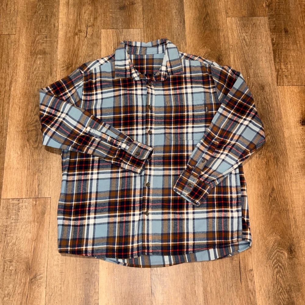 Eddie Bauer Mens Blue Brown Plaid Flannel Shirt Long Sleeve Cotton Cabincore